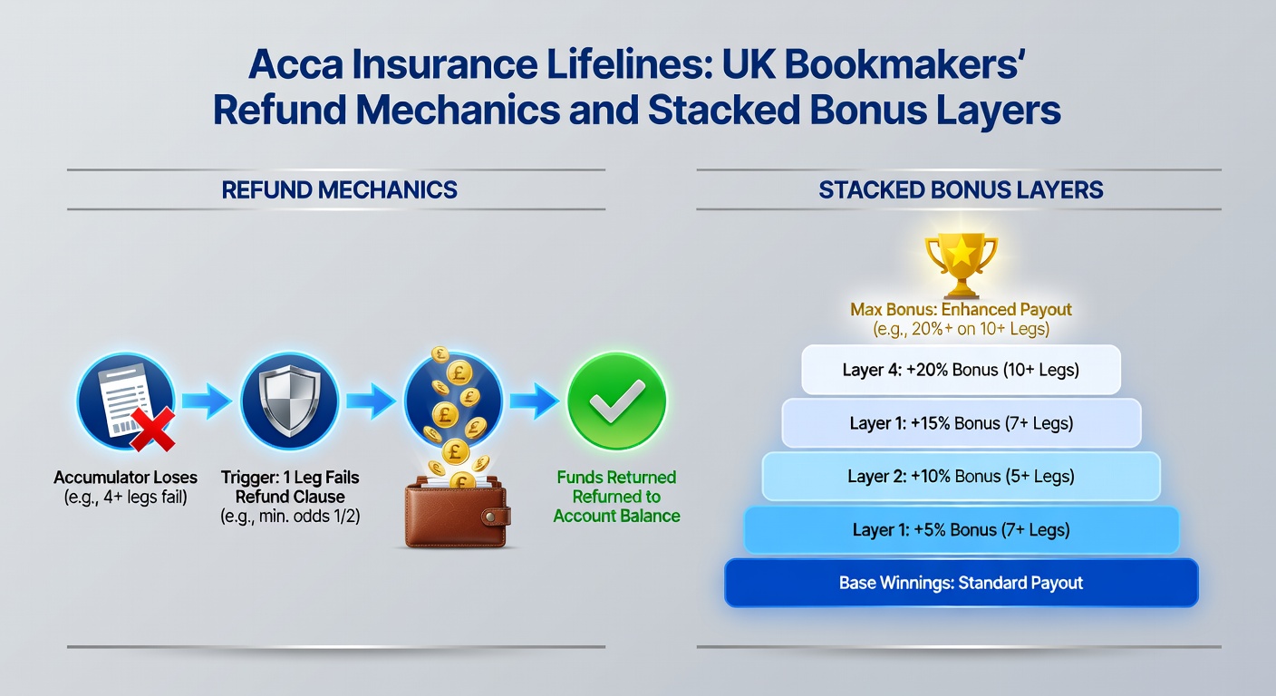Infographic detailing stacked bonuses on acca insurance, with layers of refunds, boosts, and free spins from UK bookmakers
