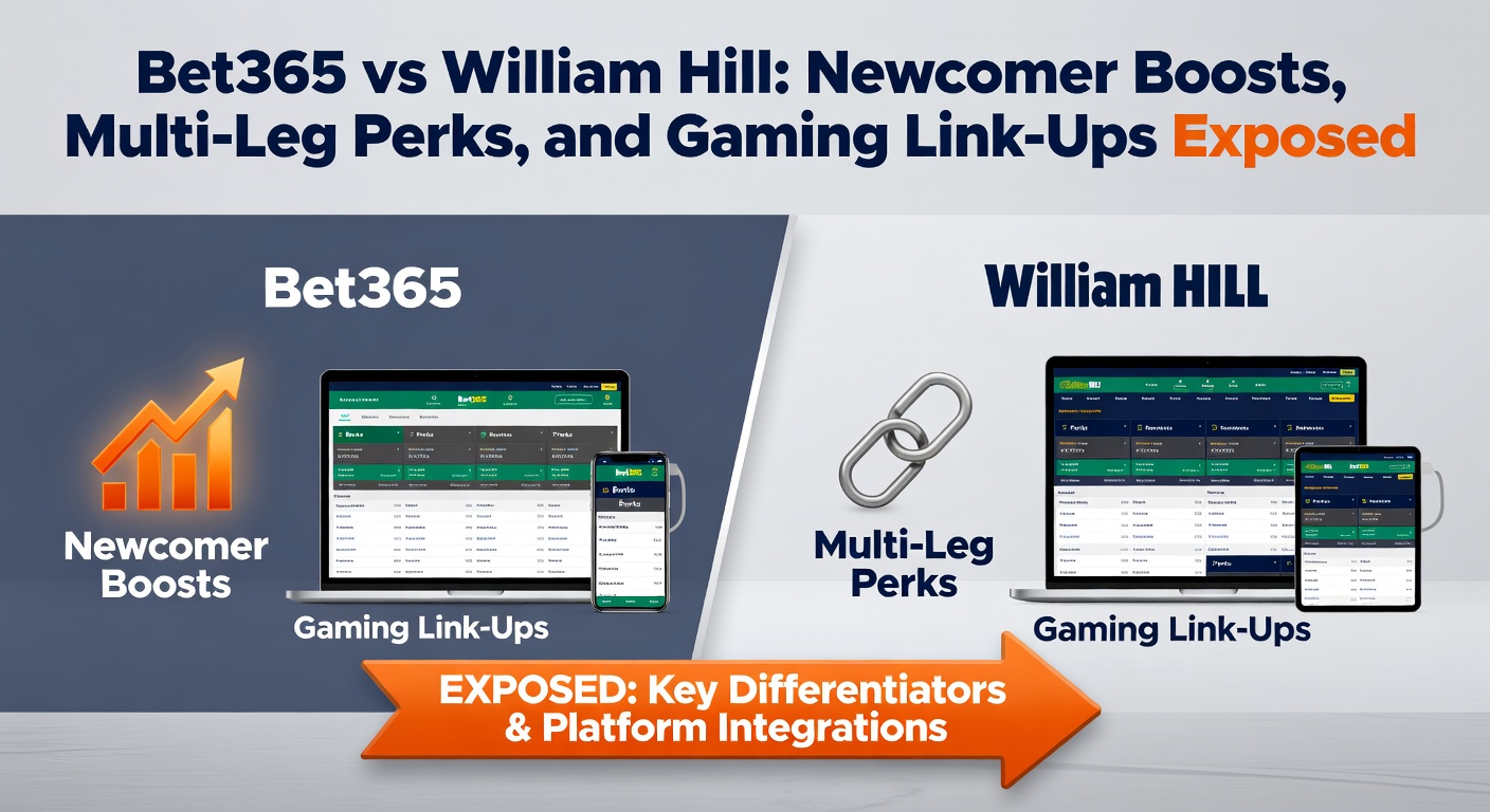 Screenshot of Bet365 accumulator boost interface next to William Hill gaming promo linkage showing cross-over bonuses