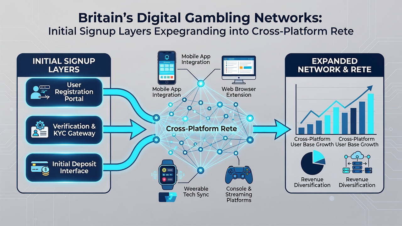 Diagram depicting cross-platform retention tools linking signup data to virtual play credit systems in British gambling networks