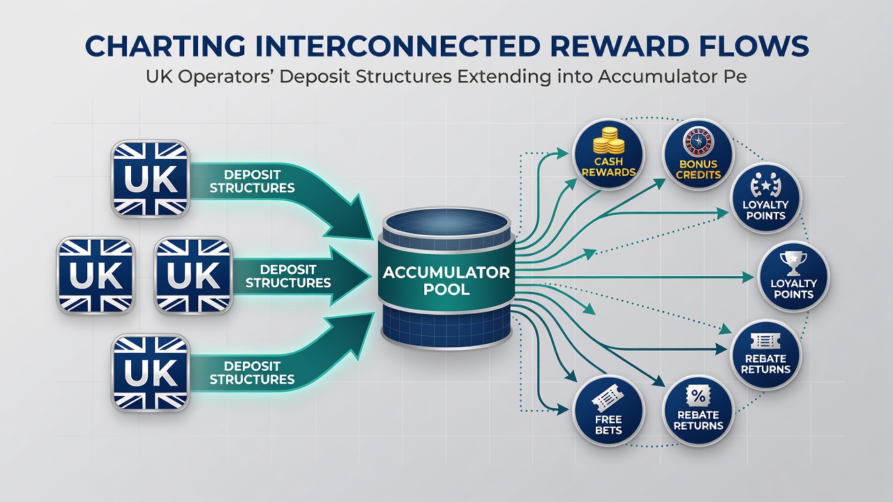 Flow chart illustrating accumulator metrics connecting to handheld gaming credit allocations from UK operator deposits
