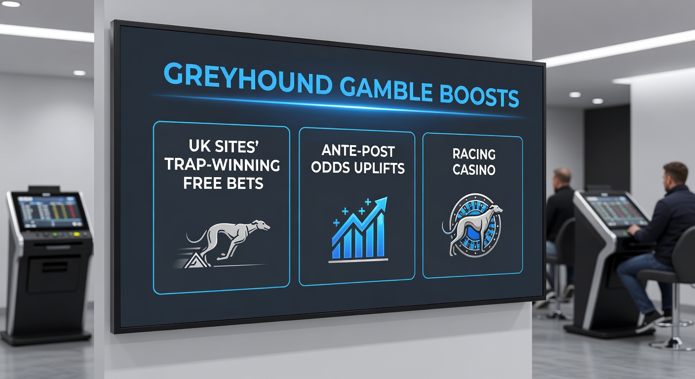 Close-up of ante-post betting markets on a UK site, showing uplifted odds for upcoming greyhound Derby contenders alongside casino promo banners
