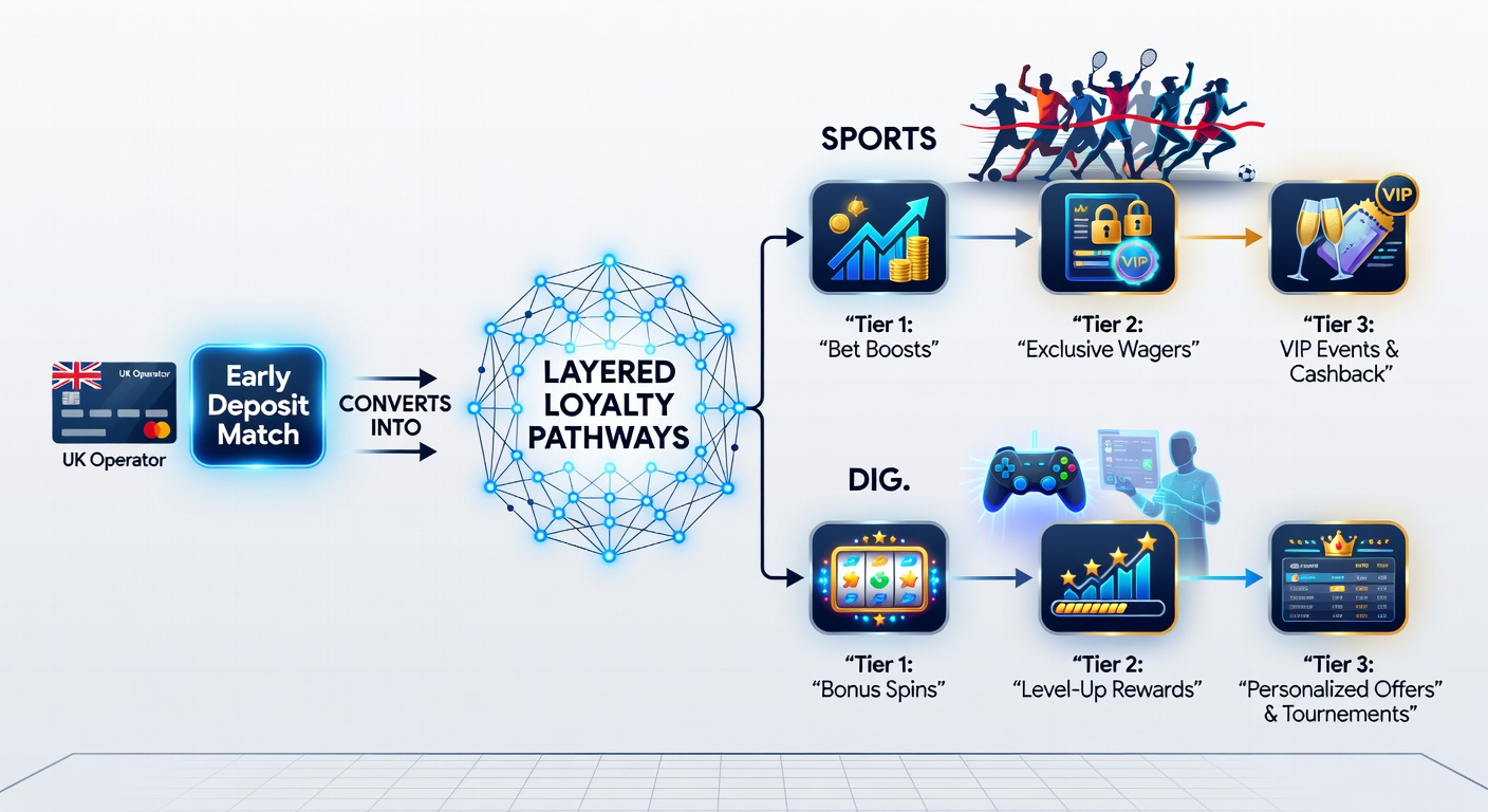 Flow diagram illustrating loyalty points moving from sports betting deposits to casino table rewards in UK platforms