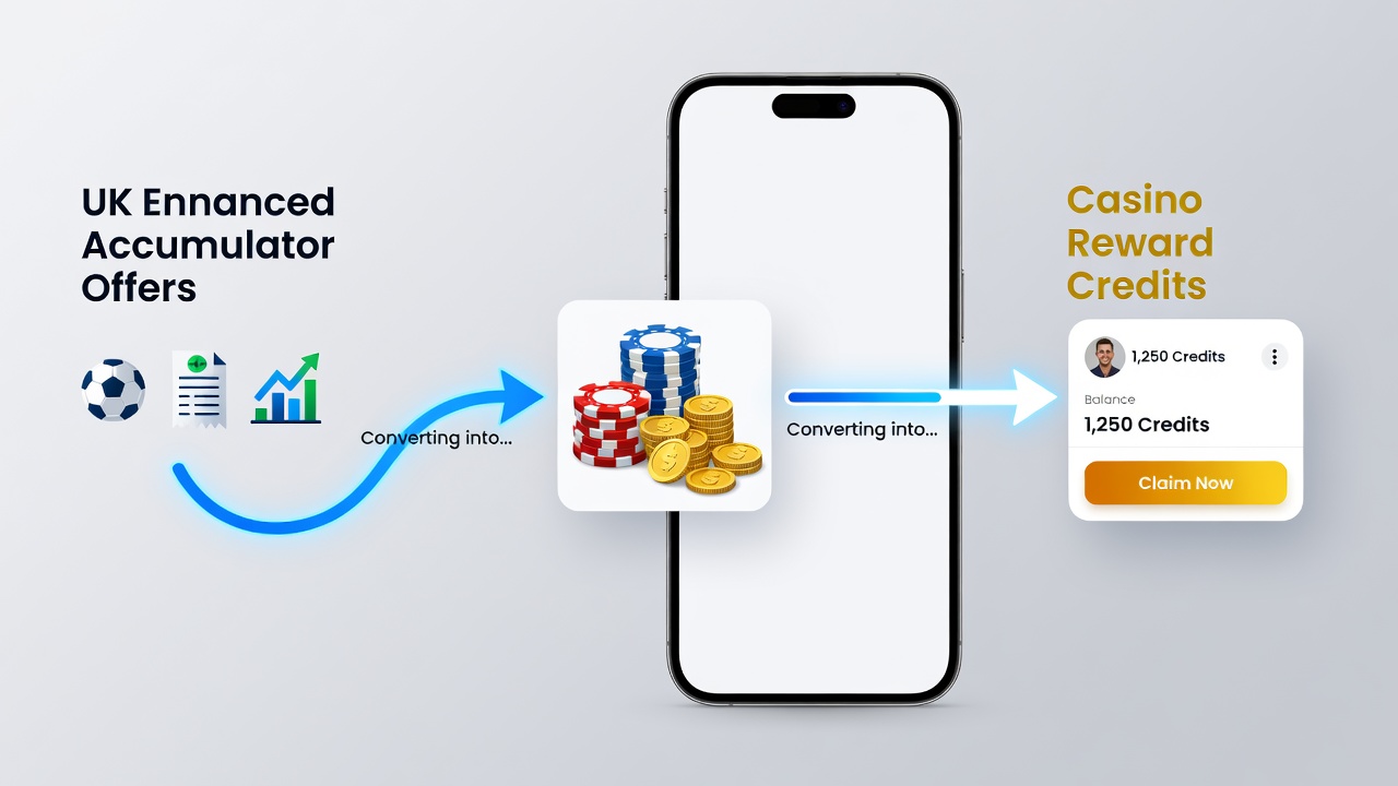 Illustration of UK mobile betting app flow showing accumulator settlement leading to casino credits allocation