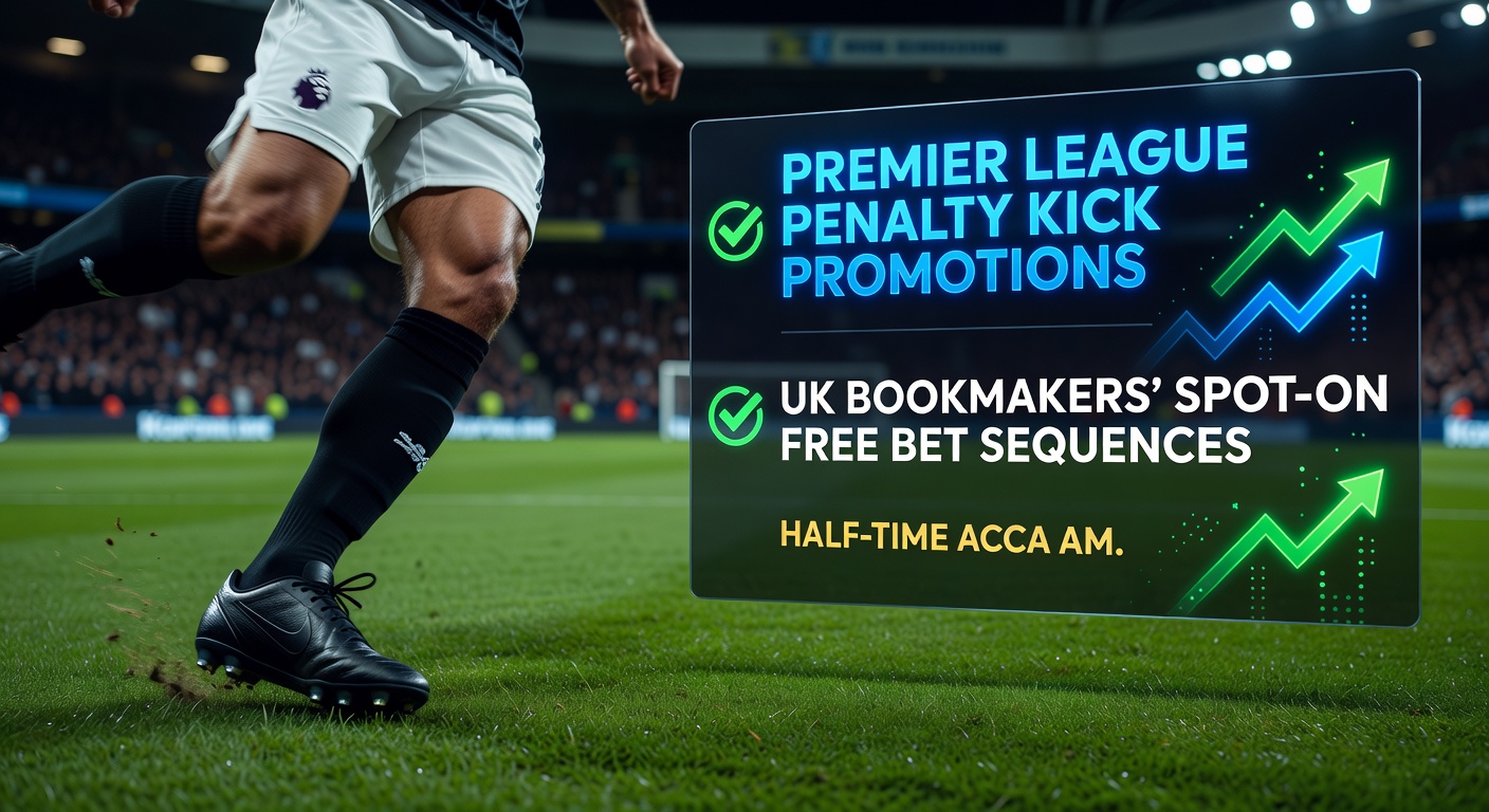Bookmaker app screen showing a half-time accumulator boost during a Premier League match, with penalty bet options and free bet icons highlighted