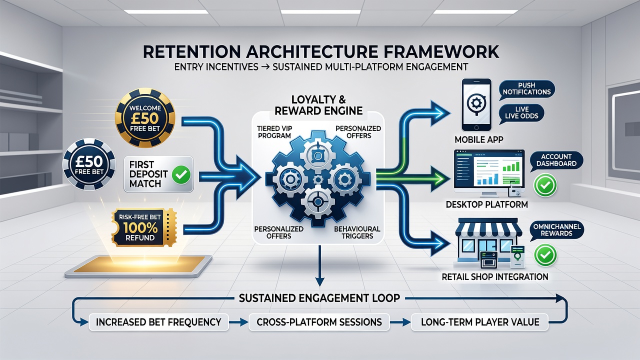 Flow chart of retention architecture linking welcome bonuses to accumulator boosts and casino credits across mobile and desktop