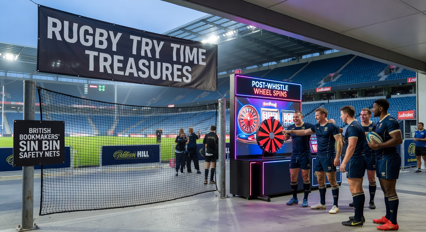 Animated wheel spin graphic post-rugby match, showing prizes like free casino spins and bet credits amid a stadium crowd celebration
