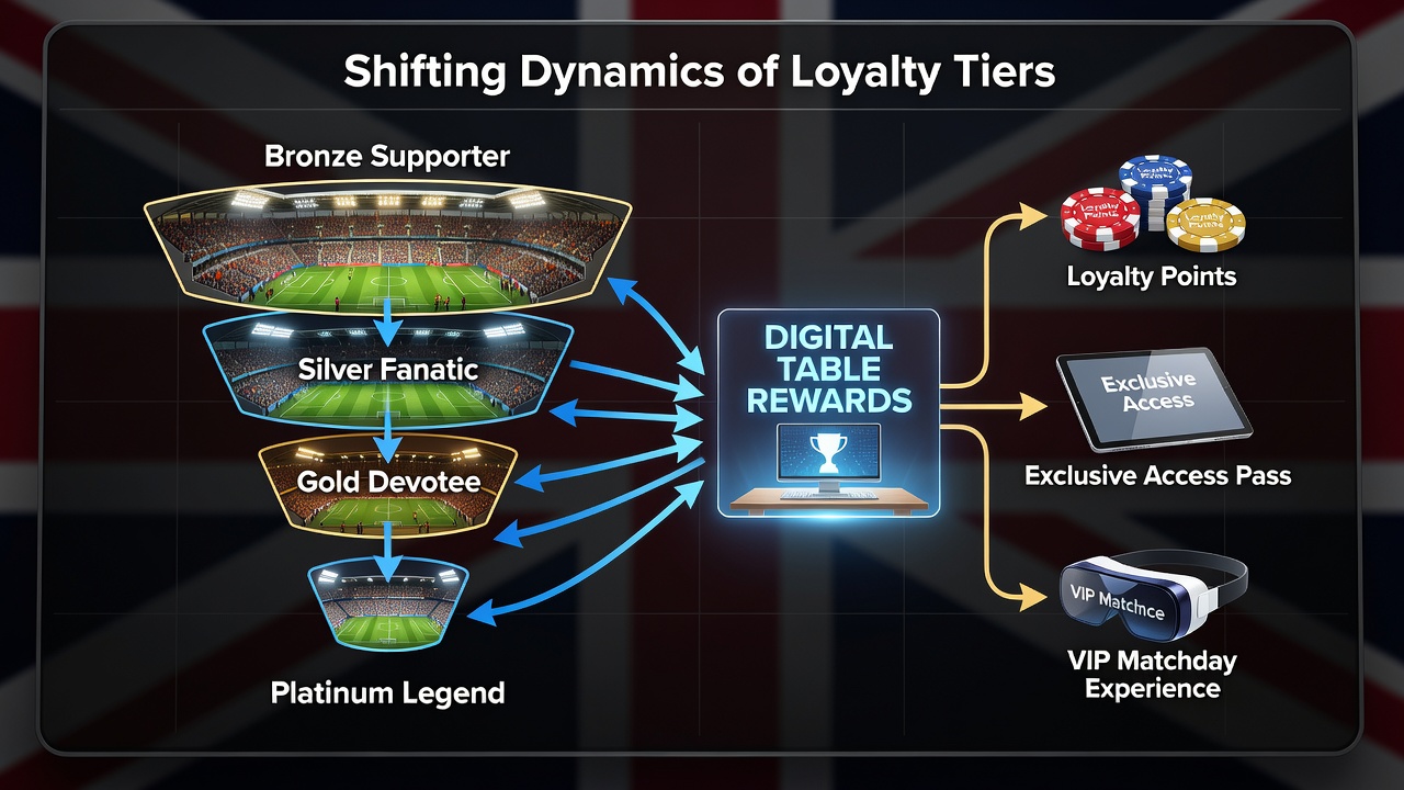 Loyalty tier dashboard on a British betting app showing football stake points converting to table game credits