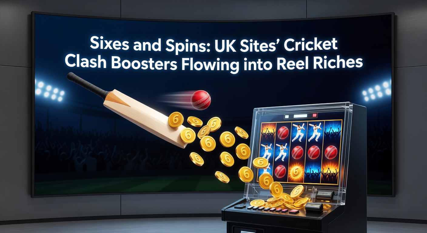 Dynamic split-image of a cricket six soaring over the boundary merging into glowing casino slot reels filling with riches