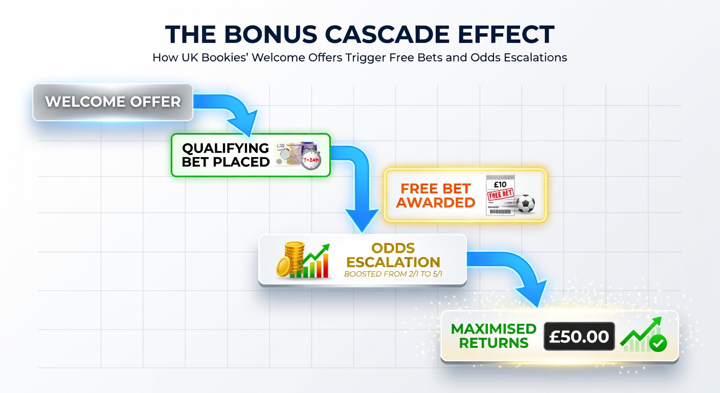 Diagram breaking down a sample bonus cascade from a UK bookmaker's welcome offer, with arrows showing progression from deposit to free bets, winnings, and odds boosts