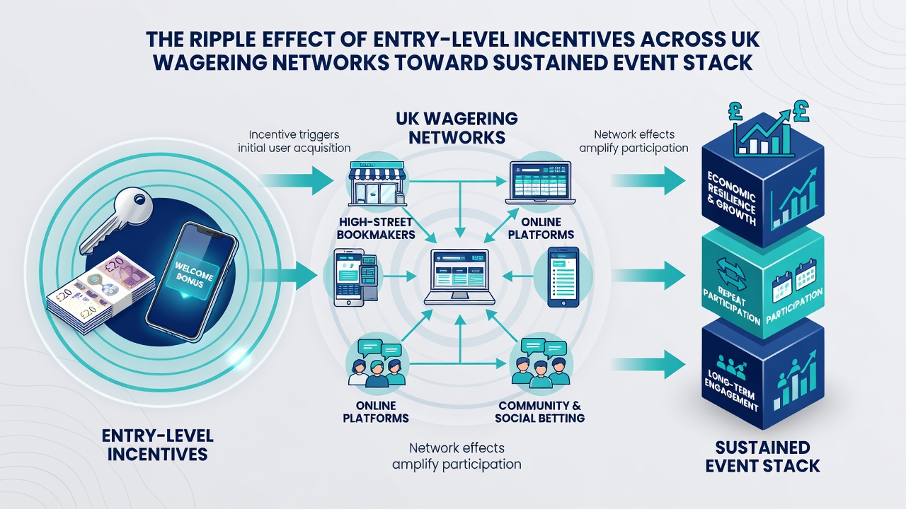 Diagram of ripple effects connecting UK betting incentives to stacked gains and casino credits