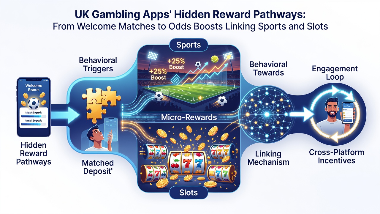 Diagram of mobile app interface displaying linked sports odds boosts transitioning into slot game credits